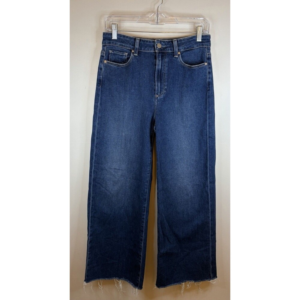 PAIGE Anessa High Rise Wide Leg Crop Jeans Women 28 Dark Blue Raw Hem Denim